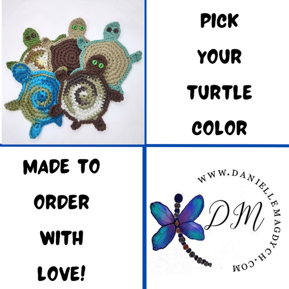 Turtle Crochet Coasters Handmade Set of Four Tortoise Sea Mug Rugs Made to Order - Picture 3 of 15
